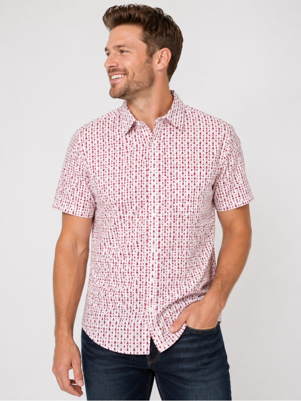 NEW Rugby University XL Christmas Tree Print Short Sleeve Button Down Shirt Red